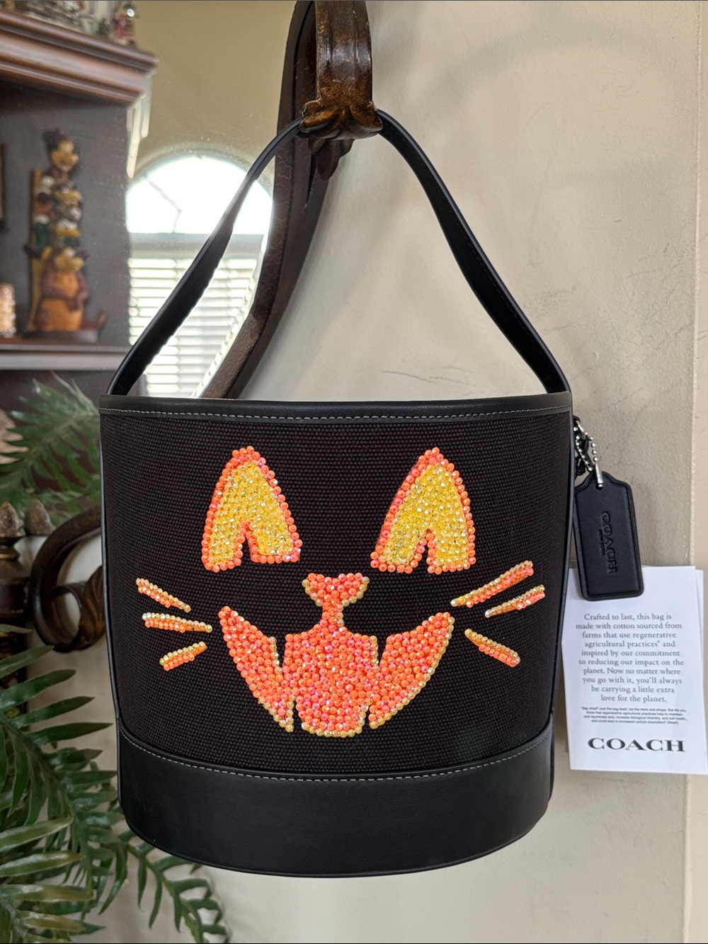 NWT Coach CUSTOM Trick Or Treat Bucket Halloween Cotton Leather Black Cat Tote - Picture 13 of 13